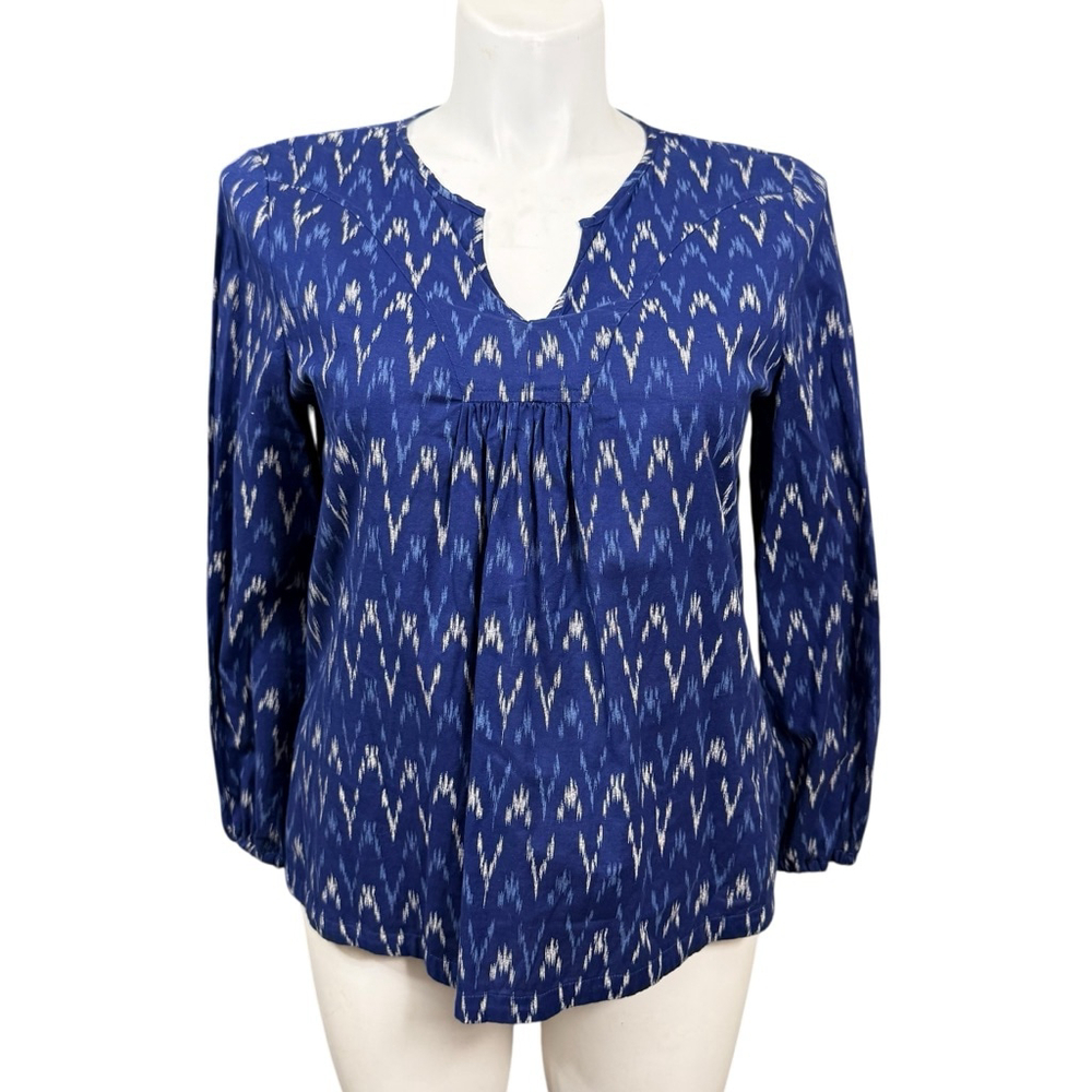 J.Crew Blue Ikat Print Cotton Peasant Blouse Size Large